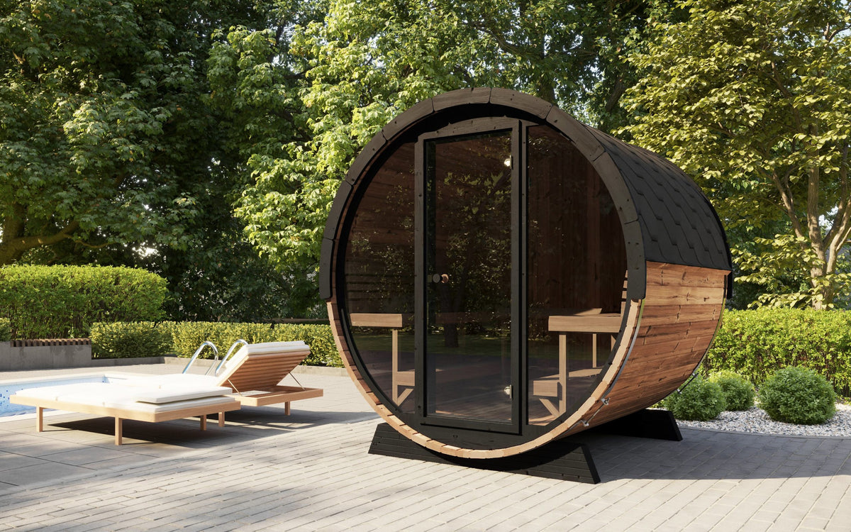 SaunaLife EE8G Elegance barrel sauna lifestyle view