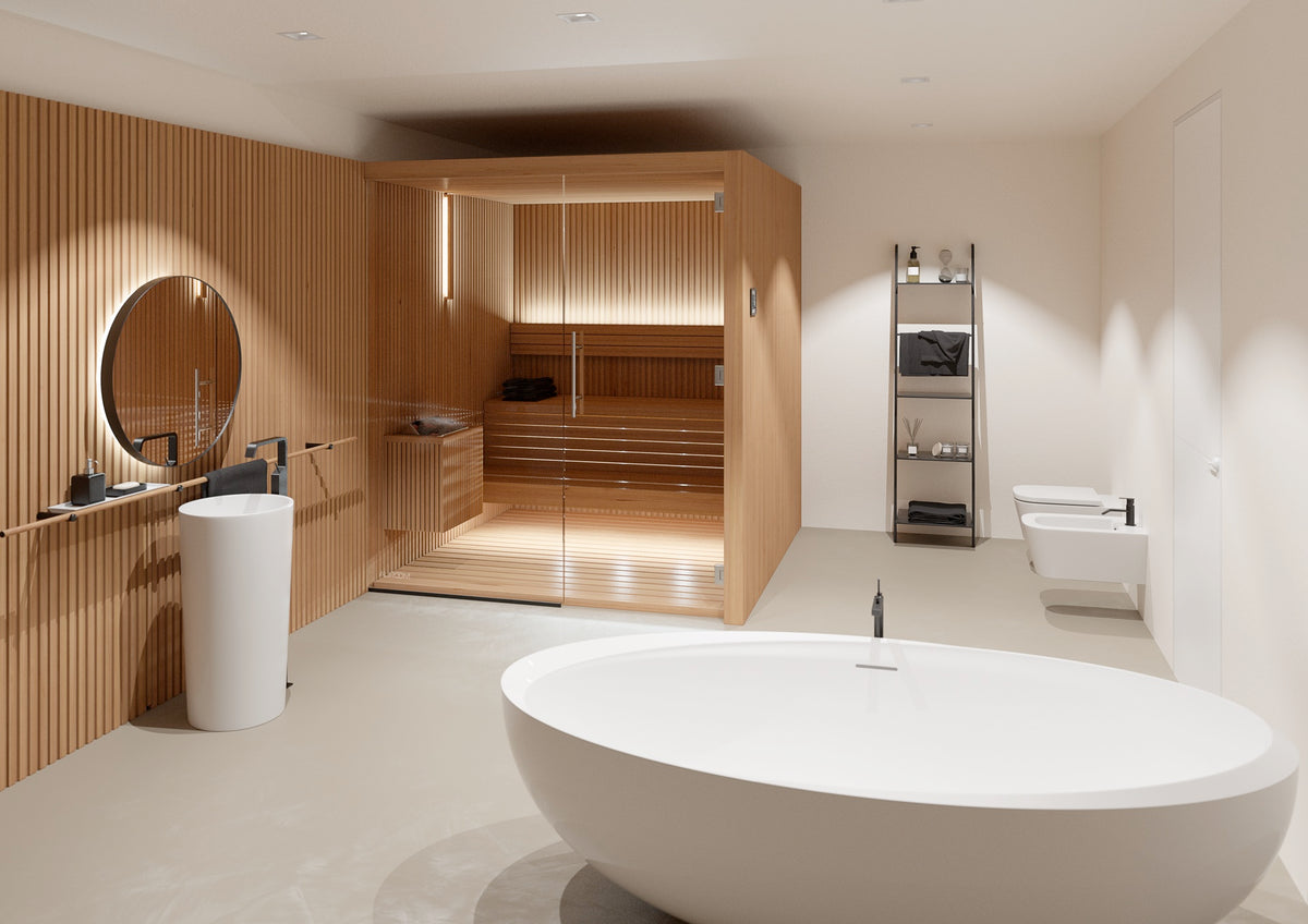 Auroom Libera Glass indoor sauna in bathroom with wall extension