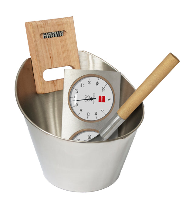 Harvia Sauna Accessory Set: Steel Bucket, Ladle, Thermometer & Hygrometer
