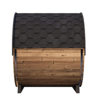SaunaLife EE8G Elegance barrel sauna in a backyard