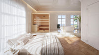 Auroom Lumina indoor sauna in aspen finish, lifestyle