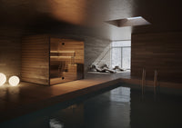 Auroom Lumina indoor sauna in dark thermo-alder finish, lifestyle