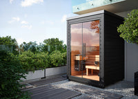 Auroom Mira S outdoor sauna in black, on a balcony