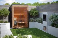 Auroom Mira S outdoor sauna in a natural backyard setting