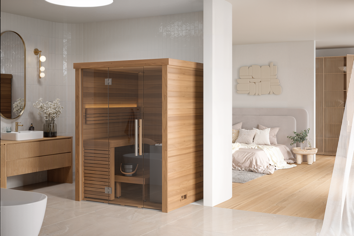 Auroom Baia Glass indoor sauna in bathroom
