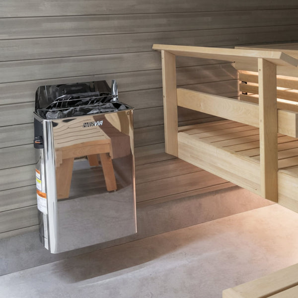 Harvia The Wall sauna heater installed in sauna