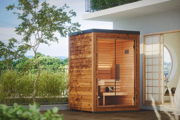 Auroom Mira S outdoor sauna in natural thermo-spruce